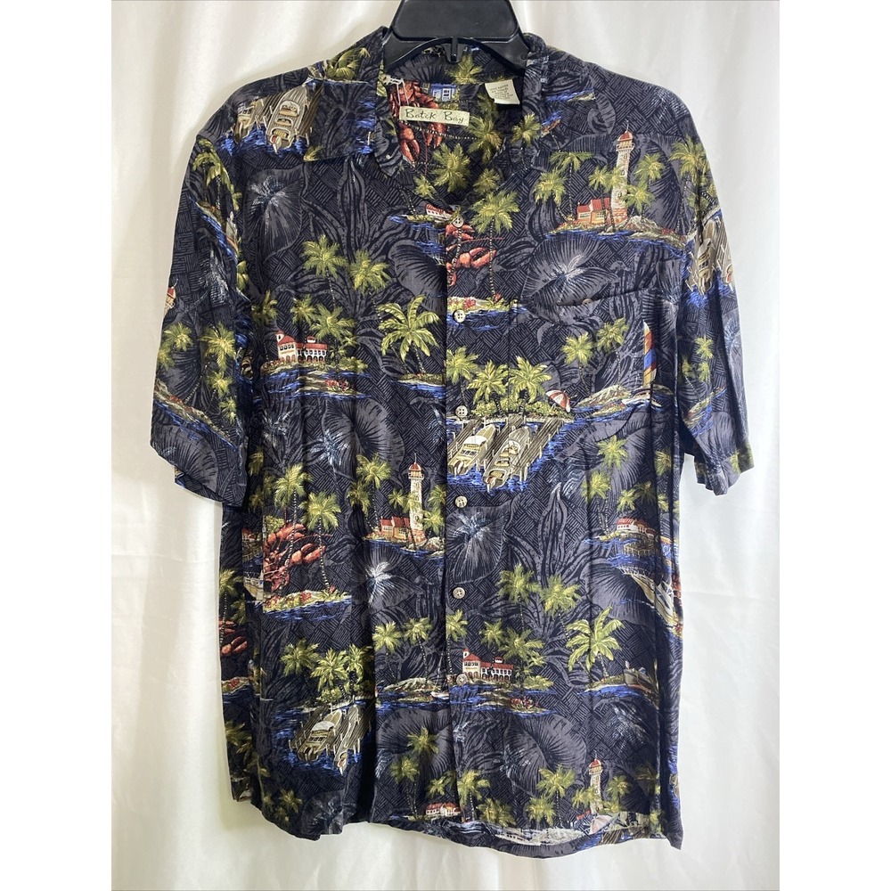 Back Bay Button Down Shirt Mens XL Black Tropical‎ Island Rayon Excellent Aloha